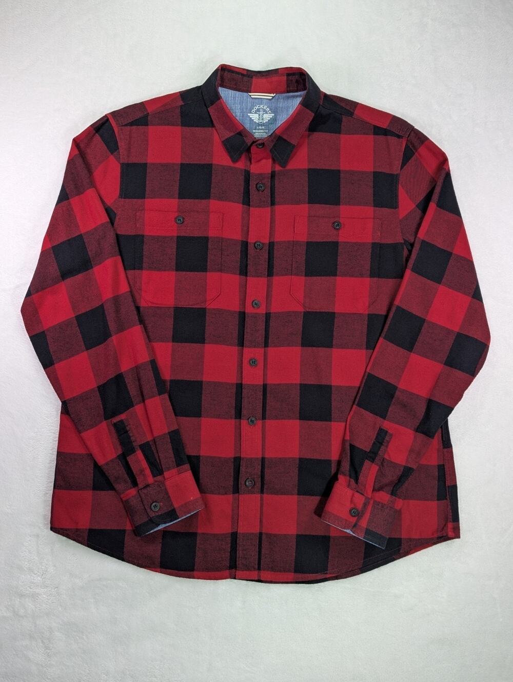 Dockers Modern Fit Men L Buffalo Check Flannel Shirt Stretch Red Black Plaid